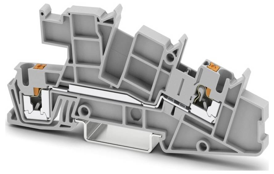 Ein grauer Elektroklemmenblock mit internen orangefarbenen Komponenten und einer Metallbasis, der zum Anschluss von Drähten in Stromkreisen verwendet wird.