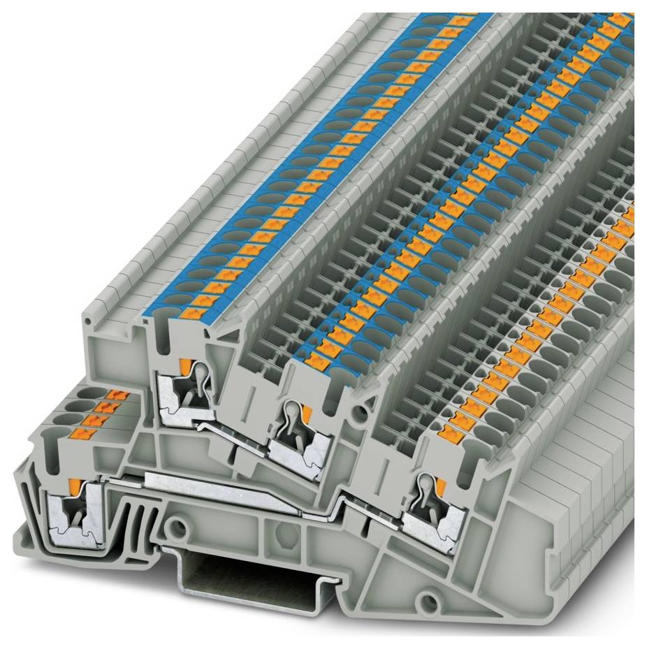 Ein modulares Klemmleistensystem mit mehreren Anschllusspunkten, das verschiedenfarbige Einheiten zur Organisierung der elektrischen Verdrahtung zeigt.