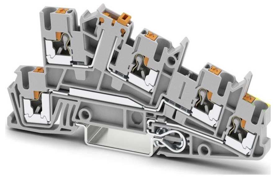 Ein grauer Klemmenblock mit orangefarbenen Hebeln, mit mehreren Anschlussaufnahmen für Elektrokabel in einer Industrieumgebung.