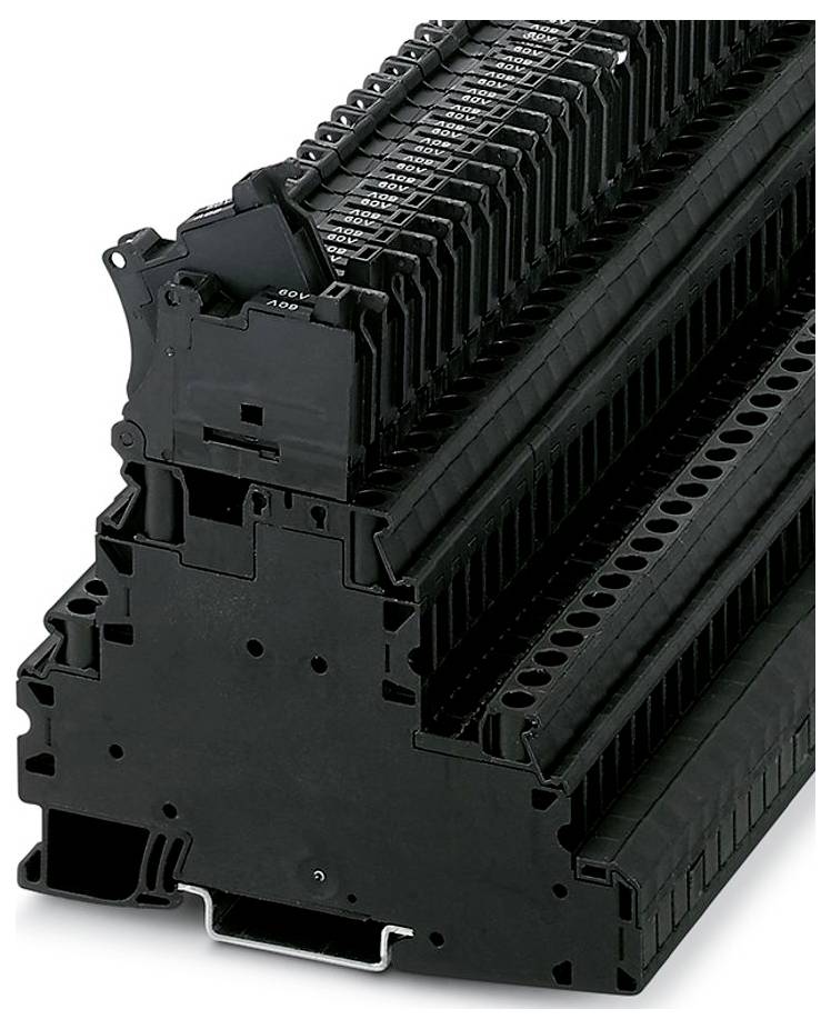 Gestapelte schwarze Klemmleisten für elektrische Verbindungen mit modularem Design und mehreren Anschlusspunkten.