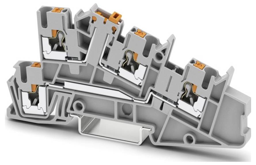 Ein gelbes Elektroklemmenblock mit mehreren Anschlüssen, auf einer grauen Basis montiert, verwendet zum Organisieren und Sichern von Drähten.