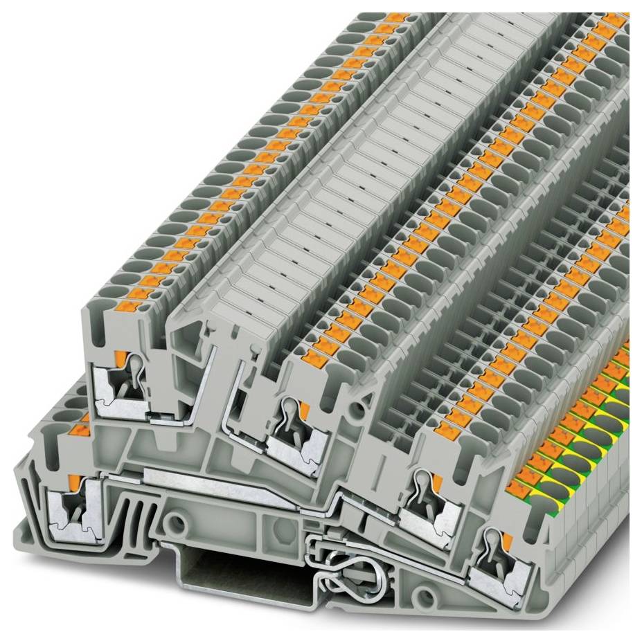 Ein Stapel grauer Elektroklemmenblöcke mit orangefarbenen Hebeln, die zum Verbinden von Stromkreisen in Schaltanlageninstallationen verwendet werden.
