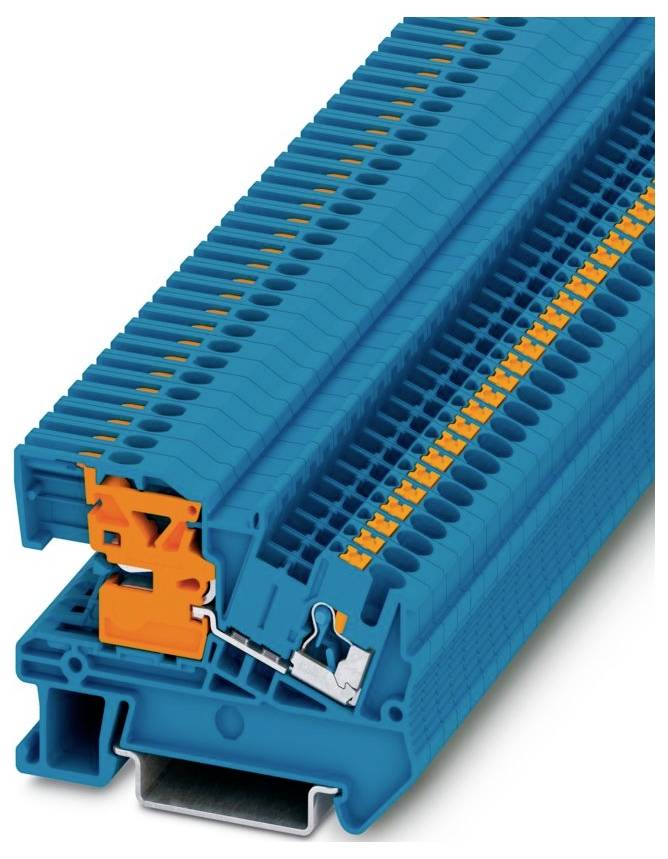 Ein blau und orange Klemmenblock mit kompaktem, platzsparendem Design, der zur sicheren Verbindung und Organisation von elektrischen Schaltkreisen verwendet wird.