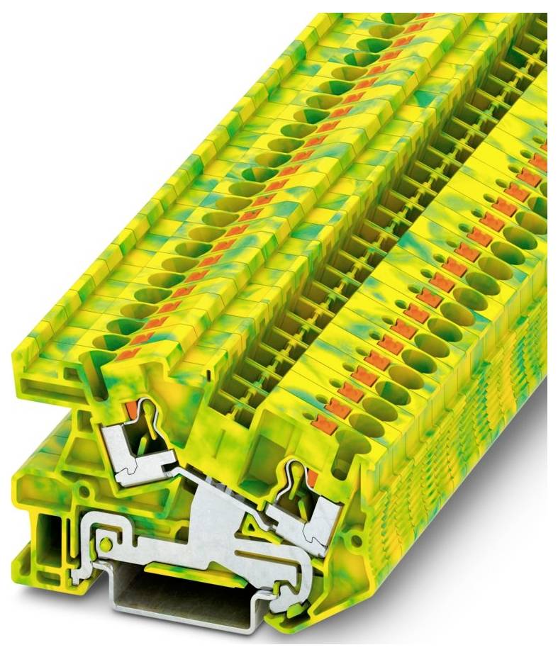 Nahaufnahme von gelben und grünen Elektroklemmenblöcken mit mehreren Anschlußpunkten, die ein Design für einfache Schaltkreismontage zeigen.