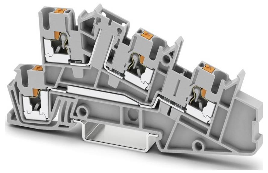 Ein grauer Kunststoff-Modulklemmenblock mit Metallverbindern, mit mehreren Drahtanschlüssen und orangen Entriegelungstasten.