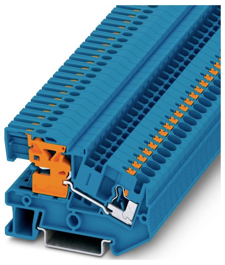 Ein blauer Elektroklemmenblock mit einem orangefarbenen Hebel zur sicheren Drahtverbindung, der in elektrischen Installationen und Steuerungssystemen verwendet wird.