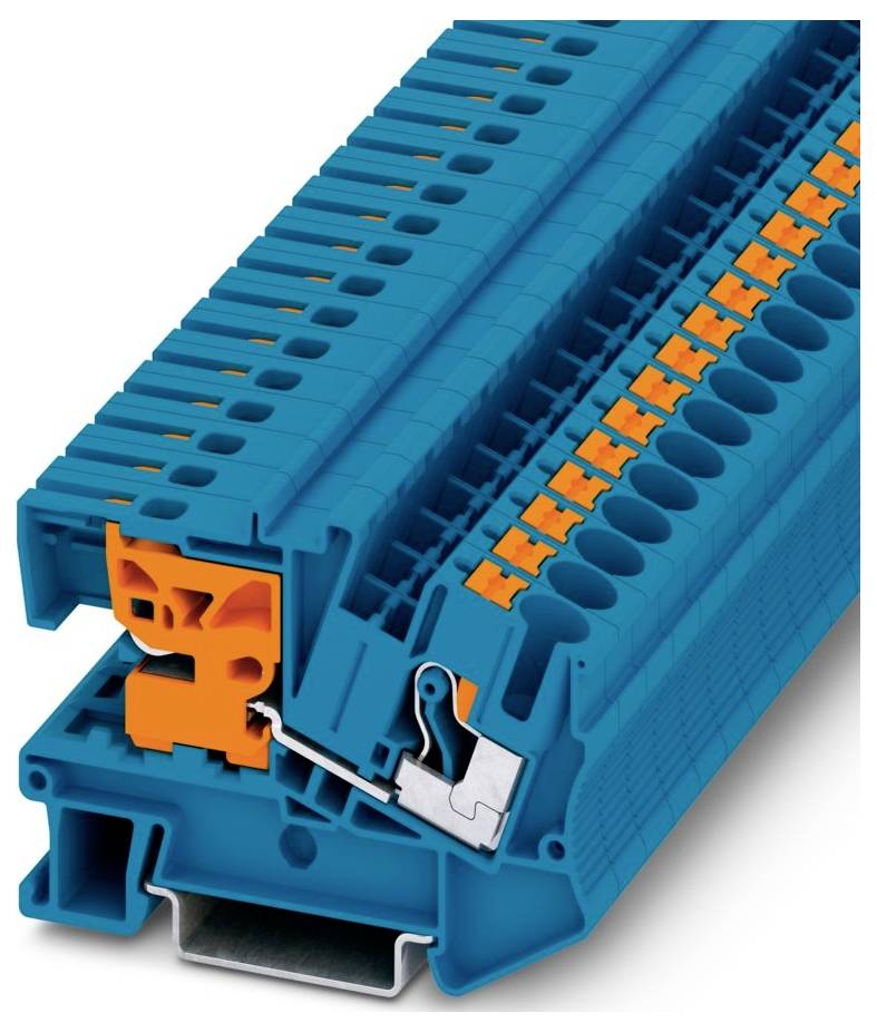Eine Nahaufnahme eines blau-orangefarbenen Klemmenblocks, die Details der Anschlußpunkte und Verdrahtungskanäle zeigt.