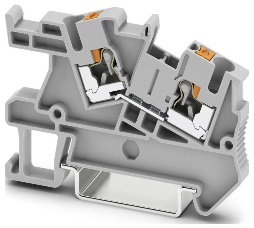 Grauem Klemmblock mit doppelten Anschllusspunkten und orangenen Freigabehebeln, verwendet für elektrische Verdrahtung und Schaltungsverbindungen.