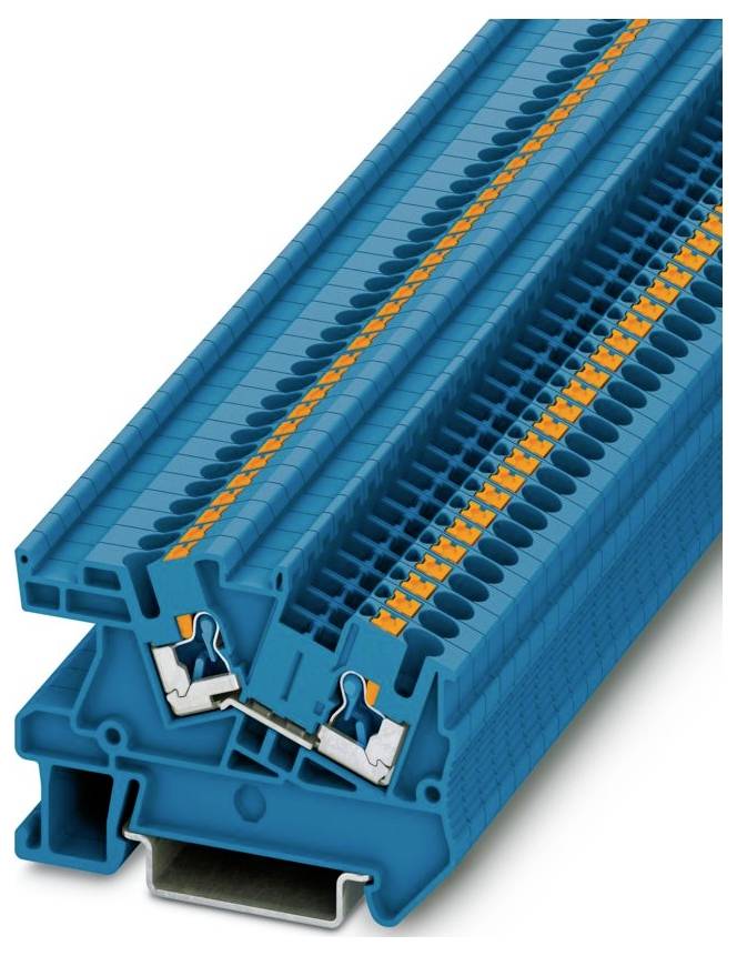 Querschnitt eines blauen Klemmblocks mit Hervorhebung der internen Verbindungen und Leitungswege für die elektrische Verdrahtung.