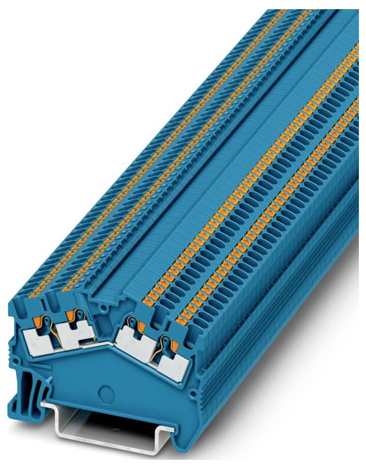 Ein blaues modulares Klemmenbrett mit mehreren Schichten der Verdrahtungsverbindung, das zur Organisation von Elektrokabeln in industriellen Umgebungen verwendet wird.