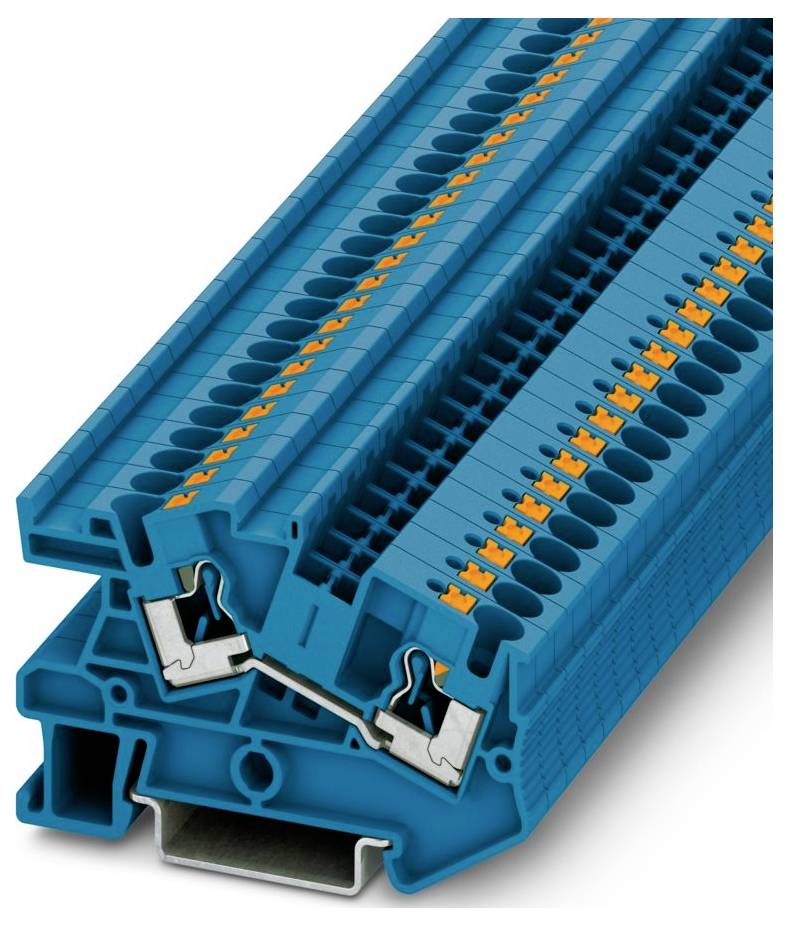 Ein bluer modularer Klemmblock mit mehreren Anschllusspunkten und orangen Markierungen zur Elektroverkabelung und Schaltungsverwaltung.