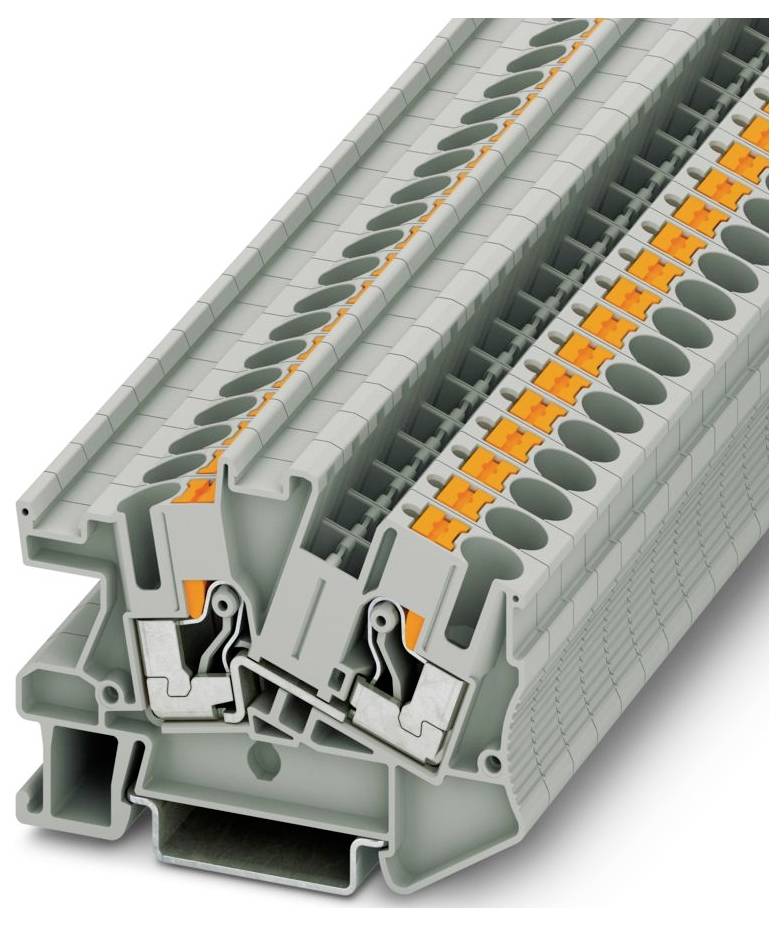 Eine detaillierte Ansicht einer elektrischen Anschlussleiste mit mehreren Anschllusspunkten und orangefarbenen Hebeln, die zum Sichern von elektrischen Drähten konzipiert ist.