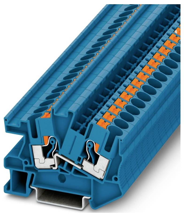 Ein blaues modulares Klemmleistenblock mit orangefarbenen Akzenten, mit zwei Reihen von Anschlussposten auf einer Metallschiene, konzipiert für elektrische Verkabelung.