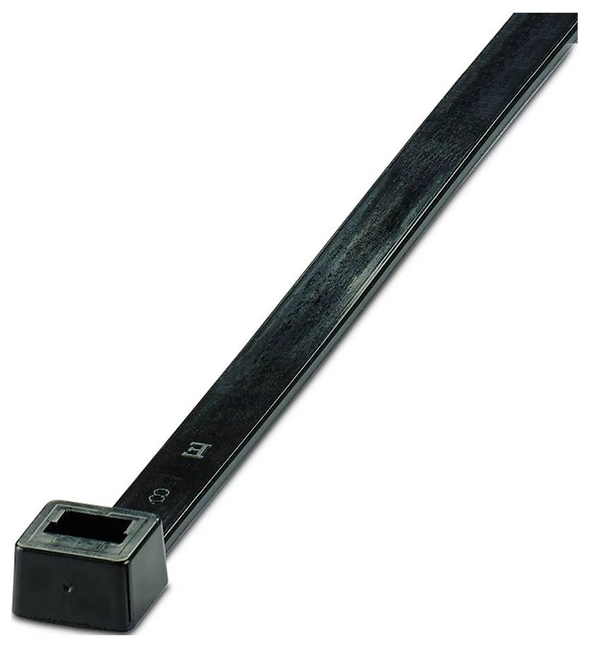 Ein schwarzes Kabelbinder liegt flach auf einer weißen Oberfläche und zeigt einen Verschlussmechanismus an einem Ende sowie einen gerippten Streifen, der sich über seine gesamte Länge erstreckt.