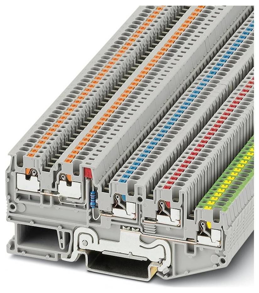 A close-up of a modular terminal block featuring multiple rows of color-coded wiring connections, indicating organization and connectivity.