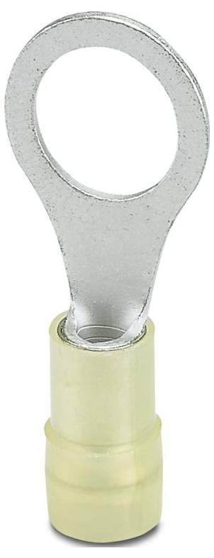 Eine metallische Öse mit einer kreisförmigen Öffnung und einem zylindrischen Crimpanschluss, typischerweise verwendet für elektrische Verbindungen und Abschlüsse.