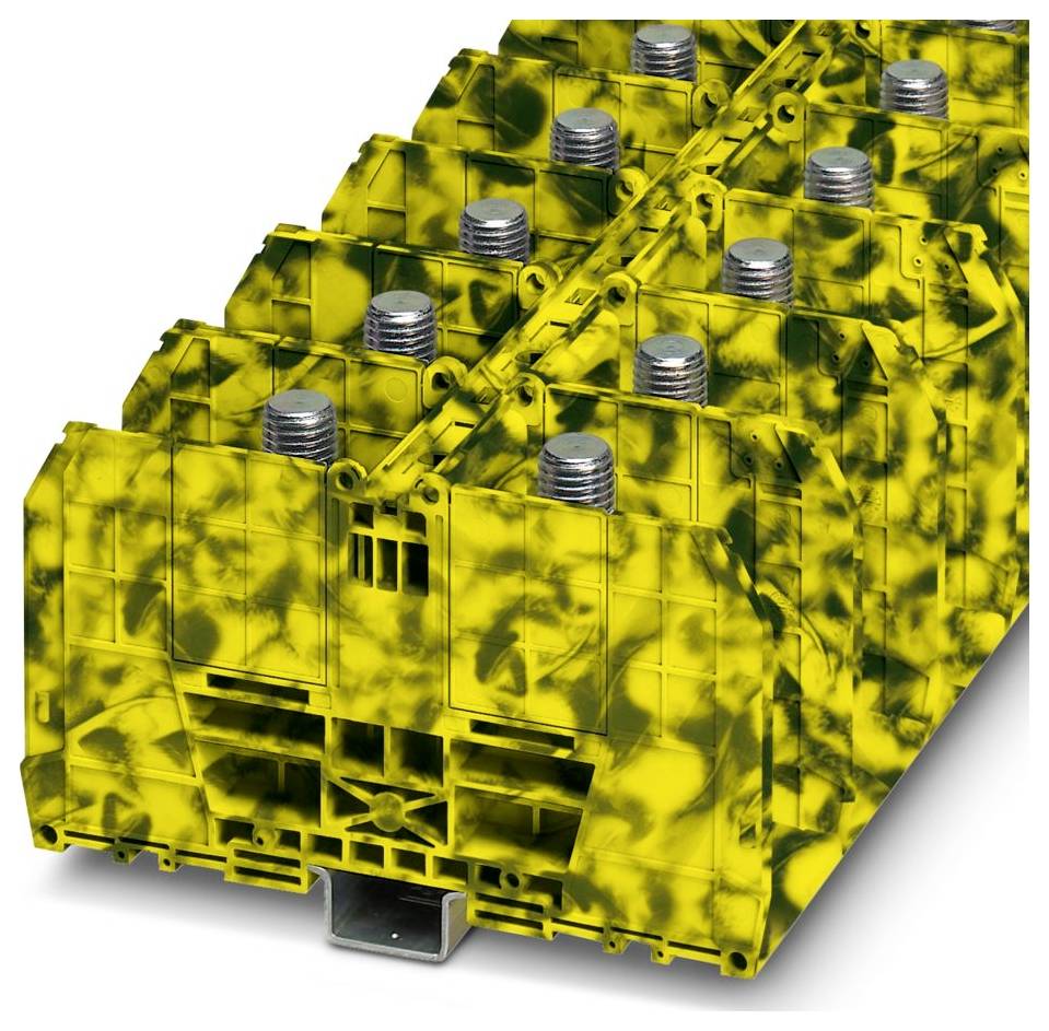 'Phoenix Contact Klemmleisten' in einer Gruppe, mit auffallend gelbem Gehäuse und mehreren robusten Metallschraubklemmen oben.