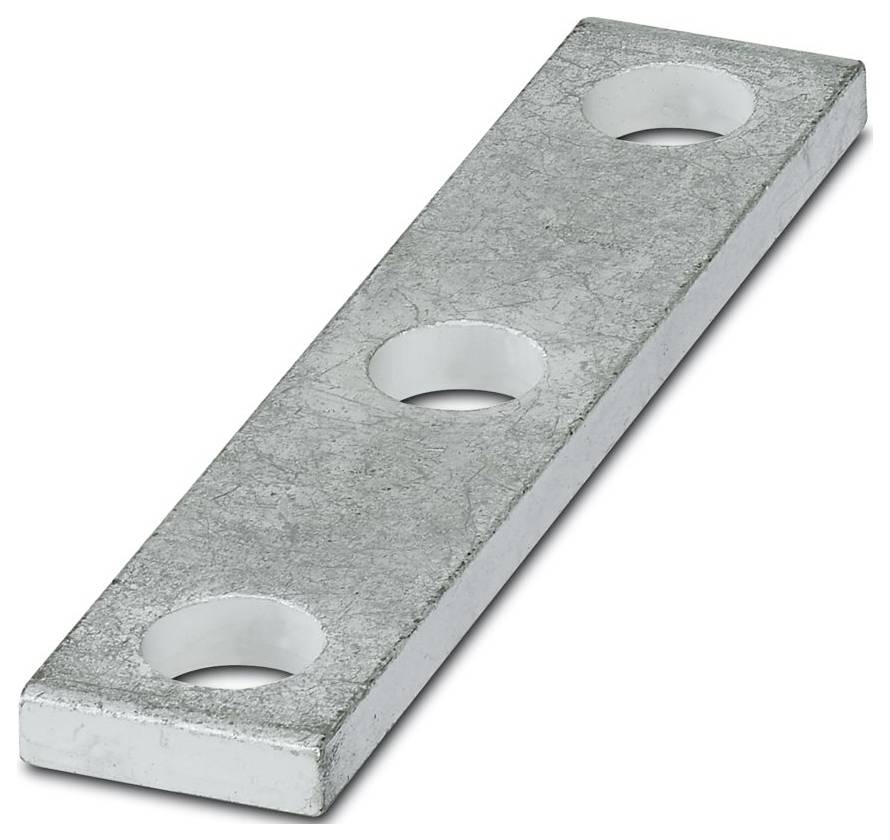 Eine rechteckige Metallplatte mit drei gleichmäßig verteilten Löchern.