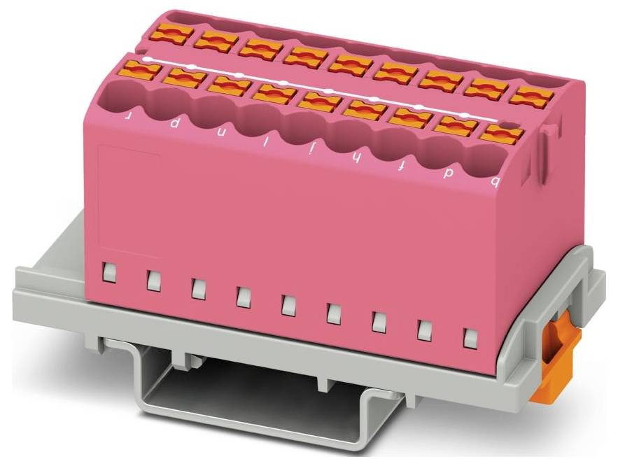 Ein rosa Klemmleistenblock mit orangefarbenen Hebeln auf einer grauen Montagebasis, entwickelt zum sicheren Verbinden mehrerer elektrischer Drähte.
