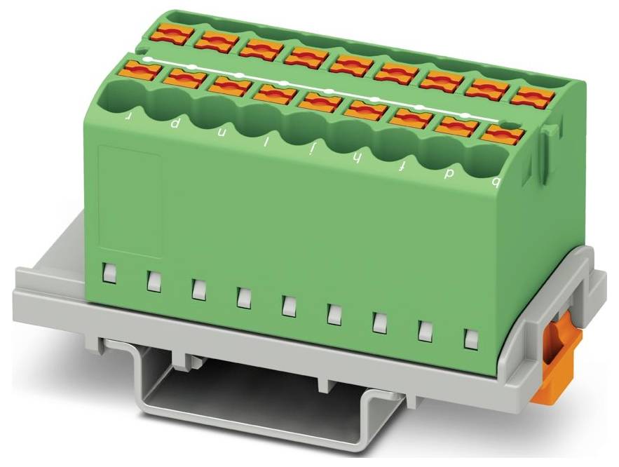 Ein grüner modularer Klemmenblock mit acht orangefarbenen Hebelbindeklemmen, montiert auf einer grauen Schiene.