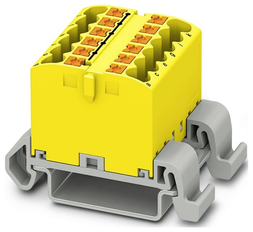 Gelbes modulares elektrisches Klemmenbrett mit orangefarbenen Anschlüssen oben, montiert auf einer grauen Basis zur Befestigung von Elektrokabeln und Komponenten.