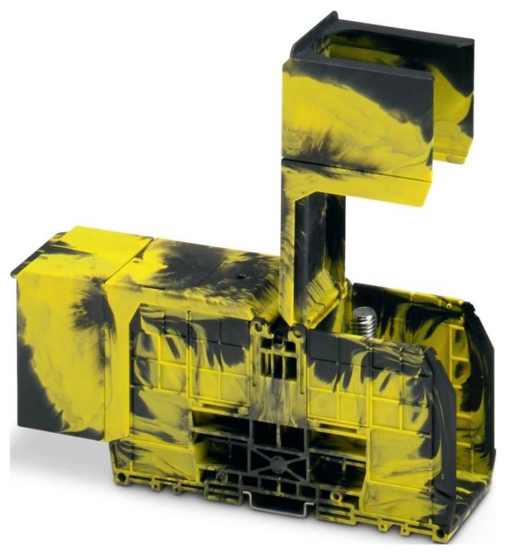 Eine kleine, abstrakte Skulptur in Gelb und Schwarz mit geometrischem Design, das ineinander greifende rechteckige Formen und hohle Bereiche aufweist.