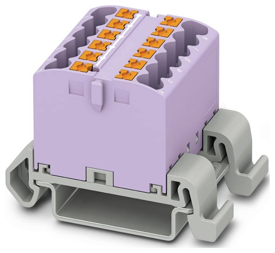 Ein violettes elektrisches Klemmleistenblock mit mehreren Anschlußpunkten und orangefarbenen Hebeln, montiert auf einer grauen DIN-Hutschiene-Basis.
