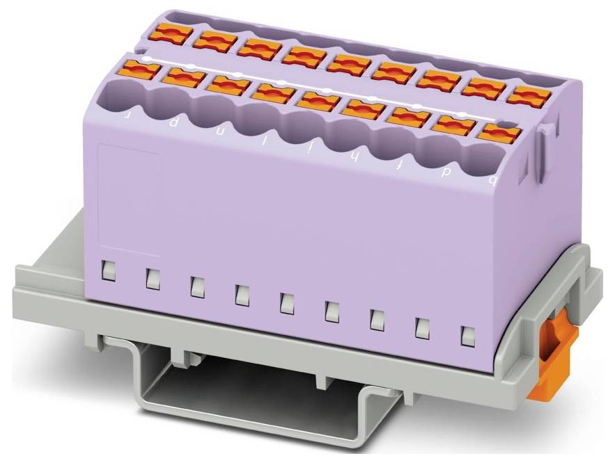 Ein rechteckiges, violettes Terminalblock mit mehreren orangefarbenen Steckern auf einer grauen Basis montiert, das für elektrische Verdrahtungsverbindungen verwendet wird.