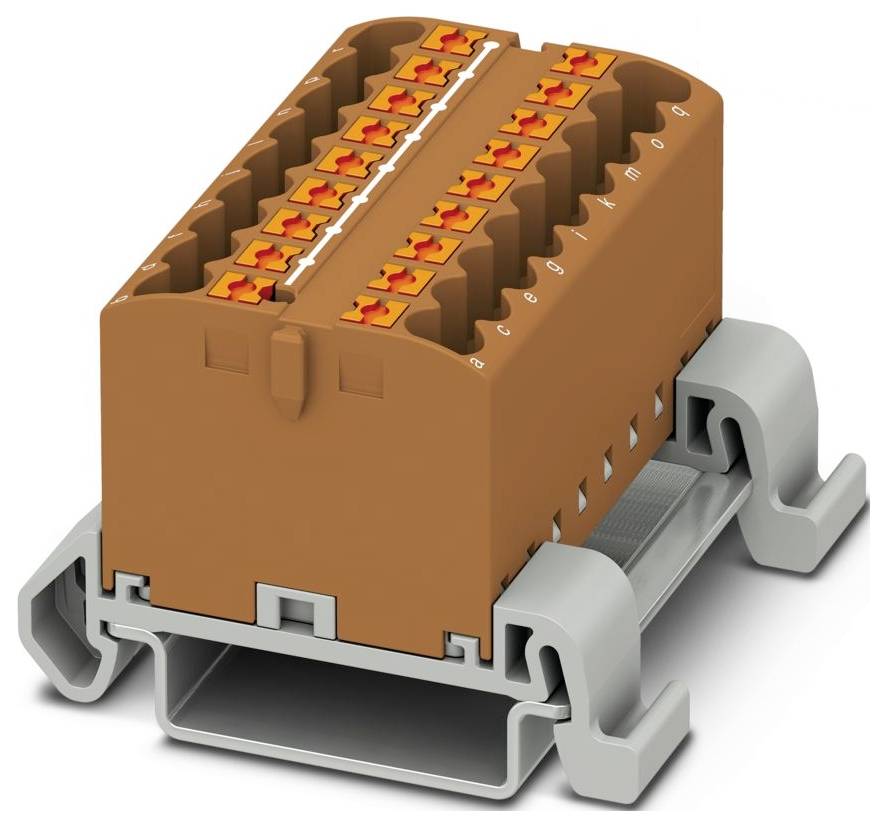 Braunes Elektrik-Klemmleistenblock mit orangefarbenen Hebeln und grauer Montagebasis. Konzipiert für mehrfache Drahtverbindungen.