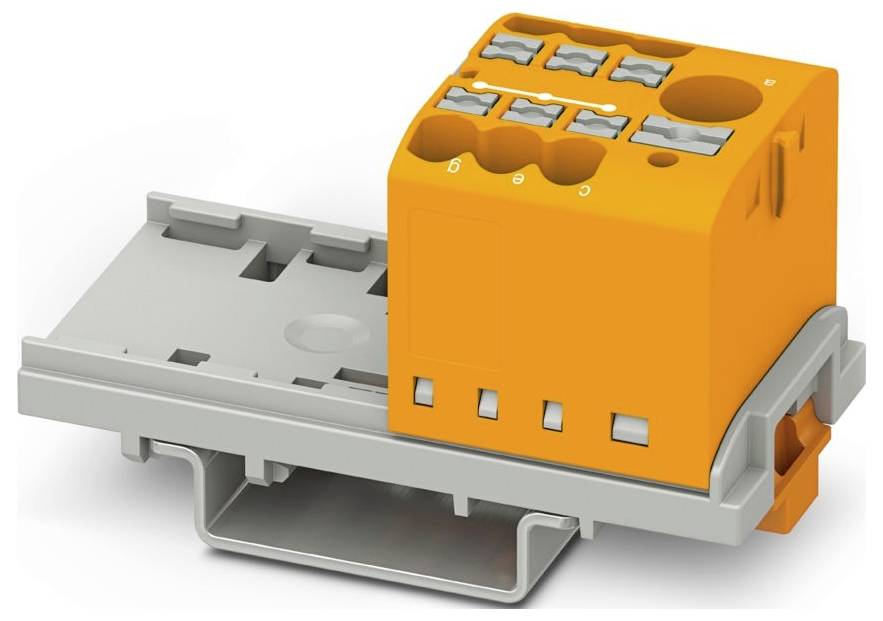 Ein orange-grauer Elektroklemmenblock, der für einfache Verdrahtungsverbindungen entwickelt wurde und mehrere Schlitze sowie eine sichere Montagebasis aufweist.