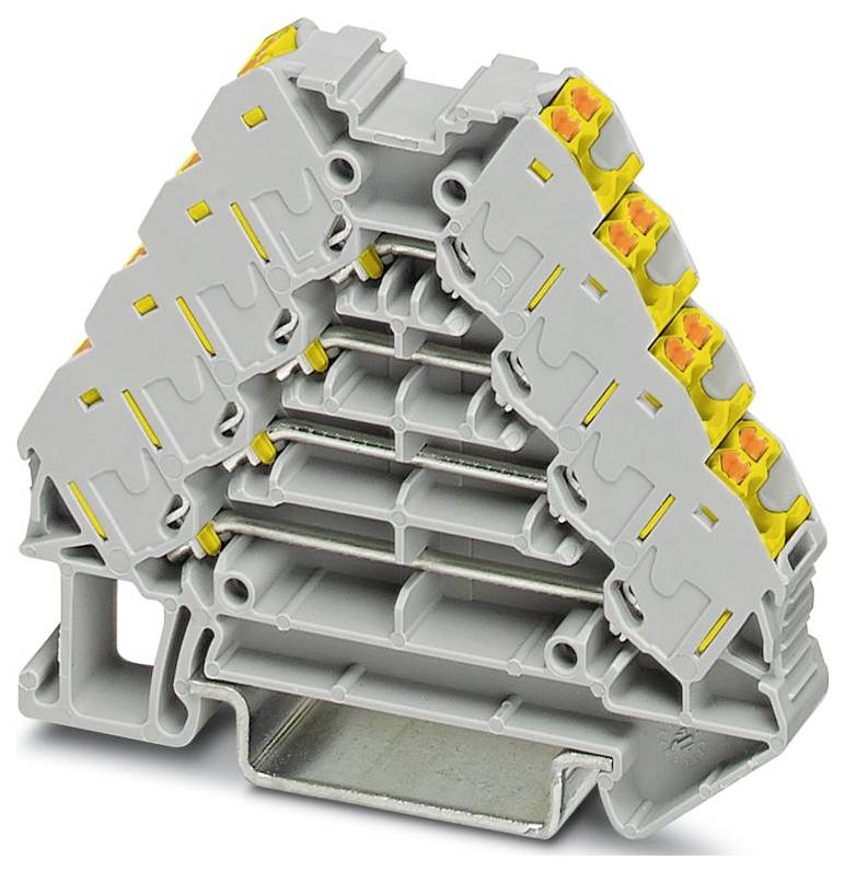 Ein grün-gelber Stromschienenklemmen-Block mit zwei Metallklemmen und Schrauben zur Kabelverbindung, konzipiert für die Montage auf einer DIN-Schiene.