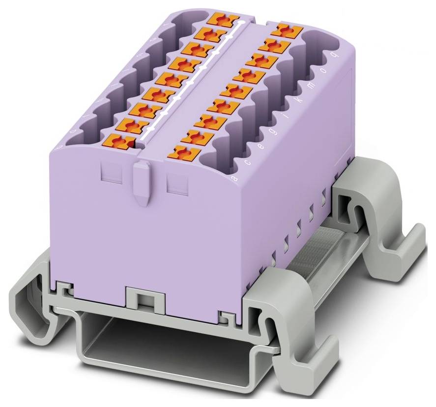 Ein violetter Klemmblock mit mehreren orangefarbenen Anschlussöffnungen auf einer grauen Basis montiert, der in der elektrischen Verkabelung für organisierte Verbindungen verwendet wird.