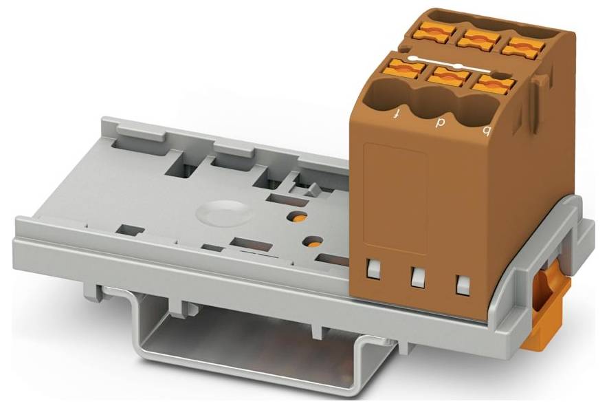 Ein rosafarbenes elektrisches Klemmleistenblock mit mehreren orangefarbenen Verbindungspunkten, das auf einer grauen Basis montiert ist und zur Organisierung von elektrischen Schaltkreisen verwendet wird.