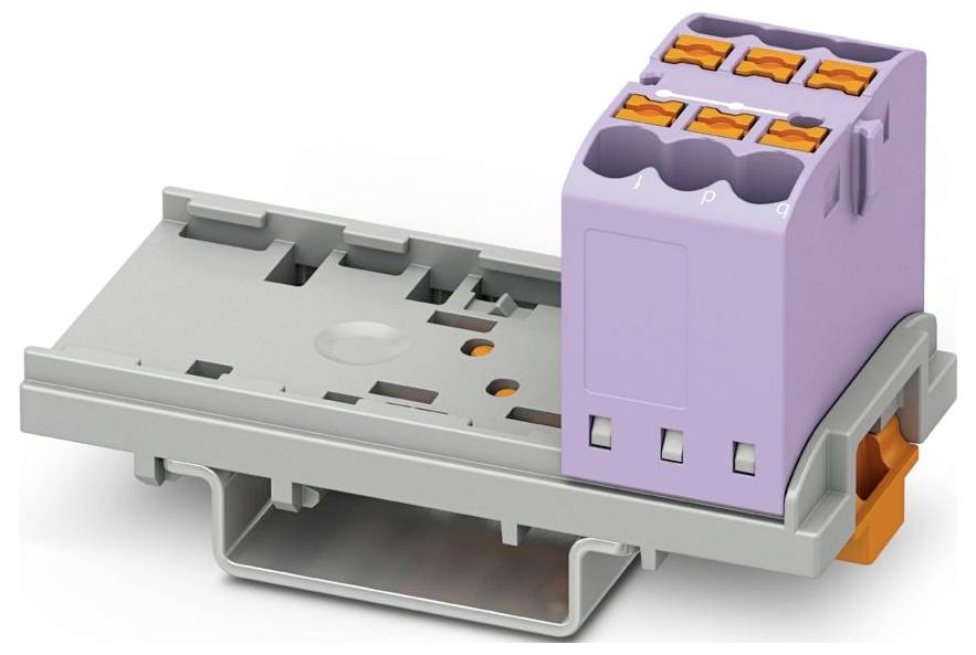 Ein violetter Klemmleistenverbinder mit orangefarbenen Hebelpressern auf einer grauen Befestigungsbasis, verwendet für elektrische Verbindungen.