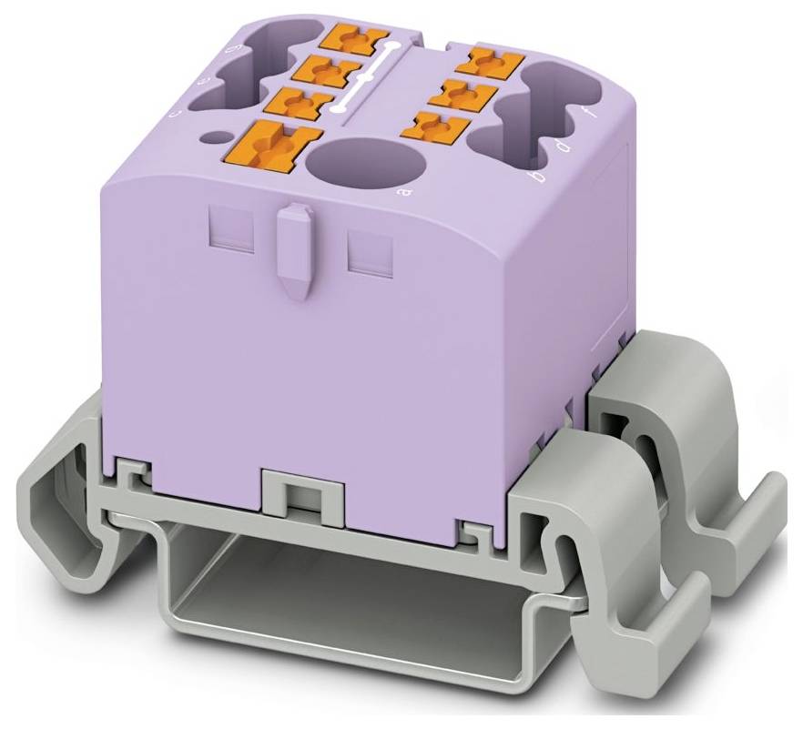 Ein violetter Klemmblock mit orangen Schlitzen auf einer grauen Basis montiert, wahrscheinlich für elektrische Verbindungen verwendet.