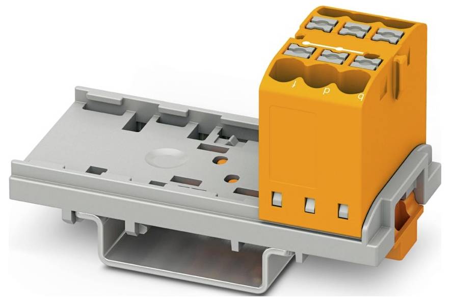 Ein orangefarbener Industrie-Elektroklemmenblock, der auf einer grauen DIN-Schiene montiert ist und Verdrahtungsöffnungen sowie Klemmechanismen zeigt.