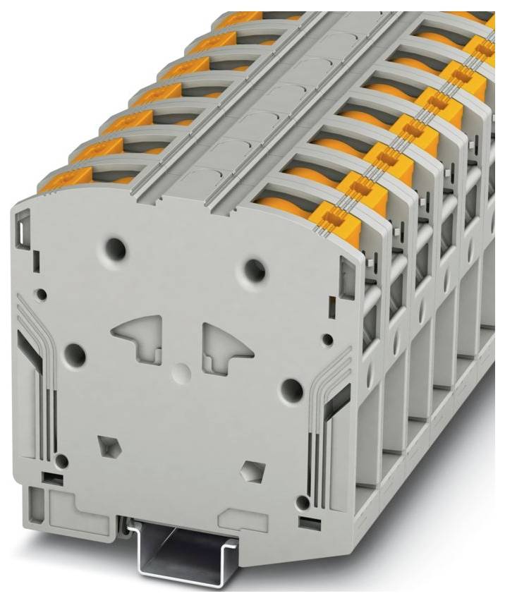 Ein Stapel von orangefarbenen und grauen modularen elektrischen Anschlussblöcken mit Verbindungspunkten, entwickelt zur Organisation und Verbindung von Leitungen.