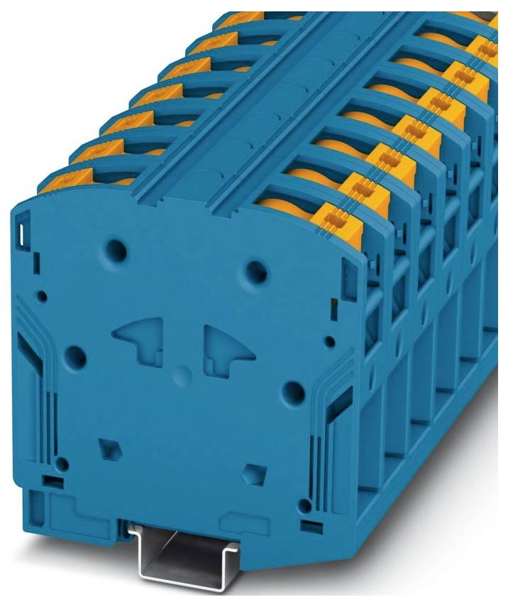 Ein blaues modulares Anschlussblockmodul mit orangen Hebeln, das zur Verdrahtung von Elektroverbindungen auf einer Hutschiene verwendet wird.