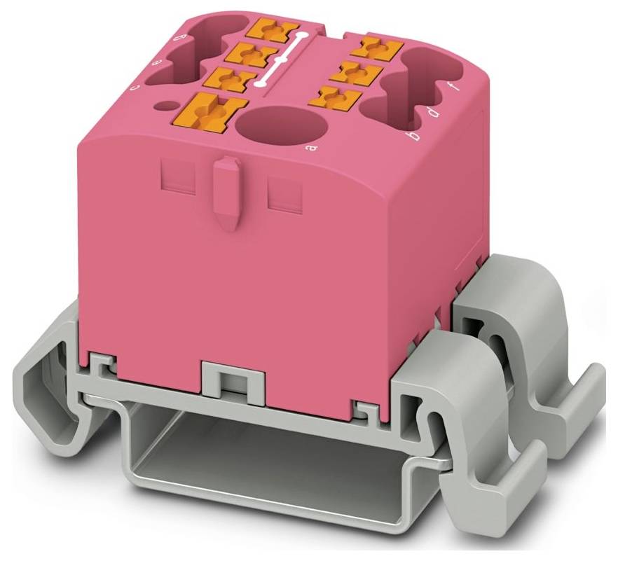 Ein rosa modularer Stecker mit mehreren orangefarbenen Anschlüssen oben, montiert auf einer grauen Basis mit clipartigen Strukturen auf jeder Seite.