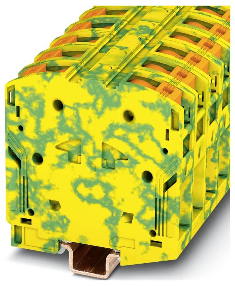 Bunter Klemmleistenblock mit gelbgrünem Marmormuster, mehrere orange Stecker in einer Reihe gestapelt; für industrielle Verwendung.