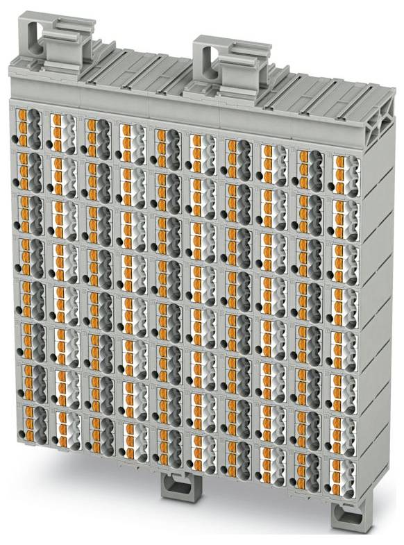 Eine detaillierte 3D-Darstellung einer modularen Klemmleisteneinheit mit mehreren Reihen farbiger Steckverbinder, die in Elektroverdrahtungssystemen verwendet werden.