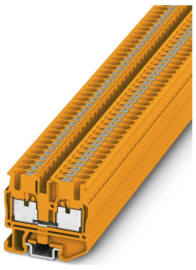 Ein Doppelstock-Klemmenblock mit orangefarbenem Gehäuse, der Verbindungspunkte und eine Hutschienen-Schnittstelle anzeigt und für die elektrische Verkabelung verwendet wird.