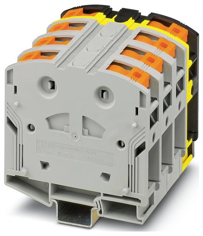 Steckklemmenblock, grau und orange, für elektrische Verbindungen verwendet, mit mehreren Anschlusspunkten und Hutschiene.