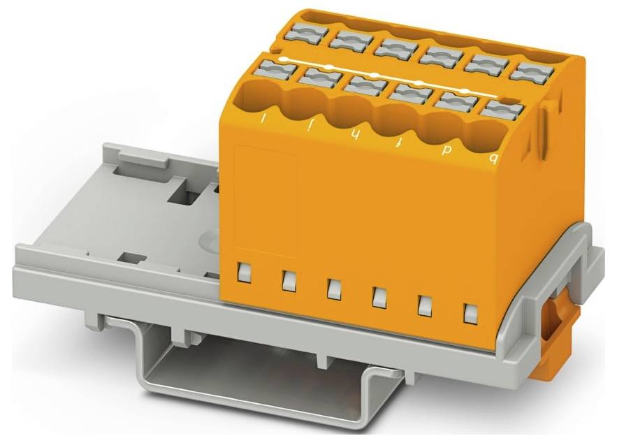 Orangener Elektro-Klemmblock mit mehreren Anschlußpunkten und grauer Montagebasis. Geeignet für den Einsatz in Elektronik oder elektrischen Leitungsanlagen.