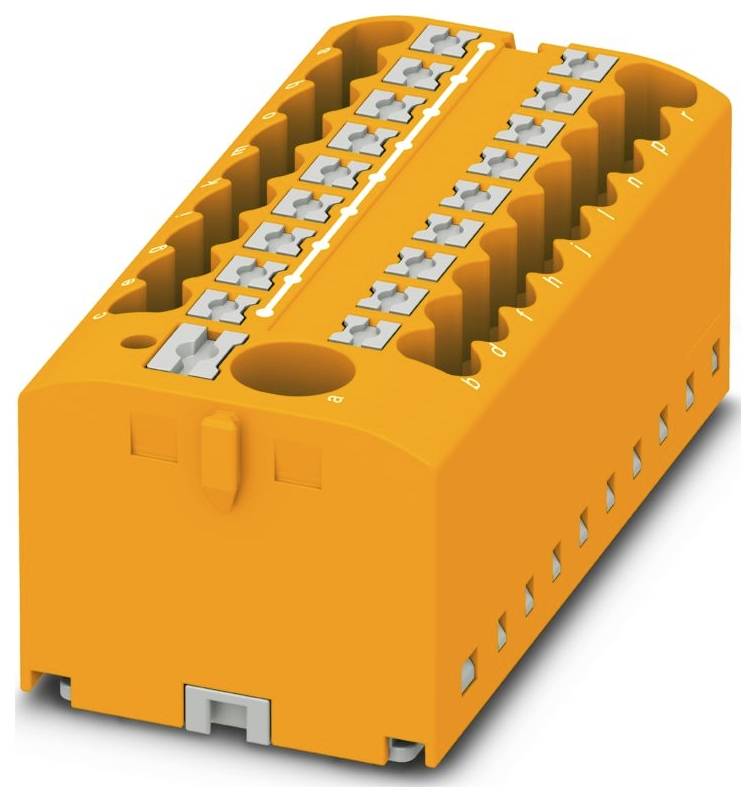 Ein rosa farbener Steckklemmen-Block mit mehreren Anschlüssen und orangefarbenen Freigabehebeln, montiert auf einer grauen Basis zur sicheren Installation.