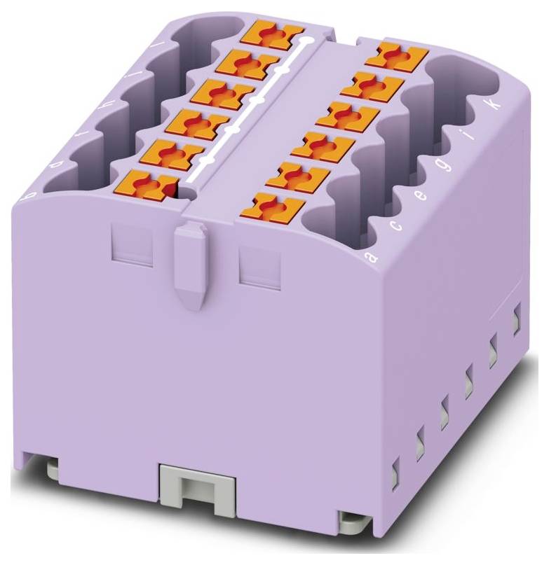 Ein violetter elektronischer Steckverbinder-Block mit mehreren orangefarbenen Anschlüssen auf der Oberseite.