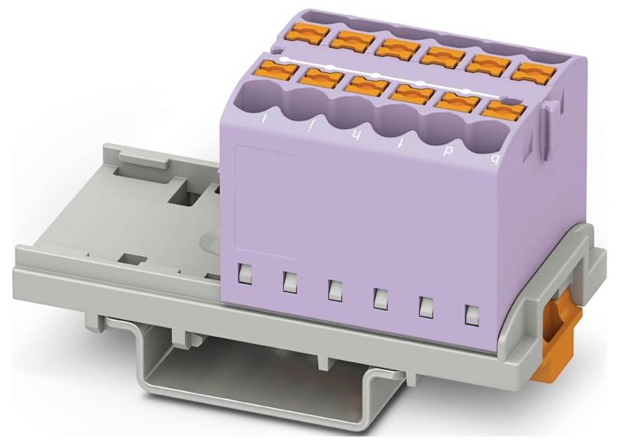 Ein violetter Elektroklemmenblock, montiert auf einer grauen DIN-Schiene, verfügt über mehrere orange Druckknopfverbinder für Drahtverbindungen.