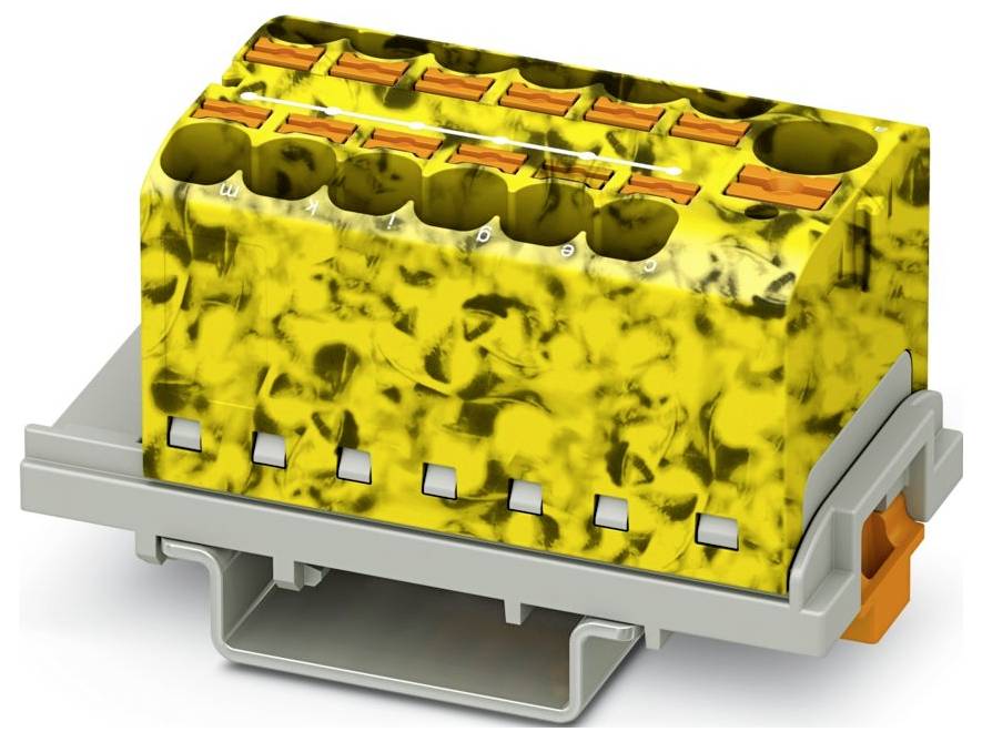 Ein gelber und grauer Elektrostecker mit mehreren Schlitzen und orangen Clips, der zum sicheren Befestigen von Drähten in elektronischen Geräten verwendet wird.