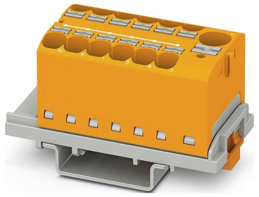 Oranger Elektrostecker mit mehreren Drahtschlitzen, montiert auf einer grauen Basis. Wird zum Sichern und Organisieren von Drähten in elektrischen Systemen verwendet.