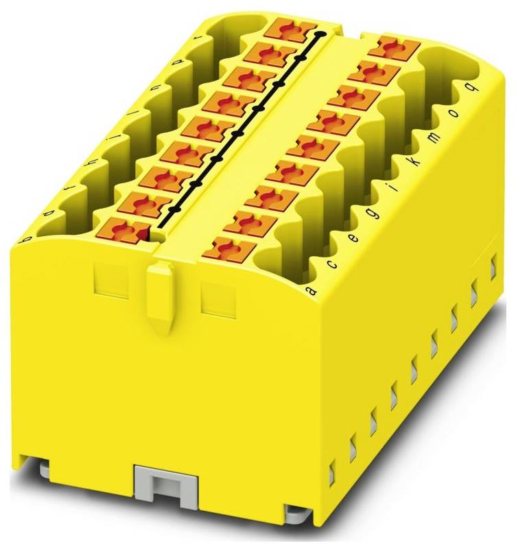 Ein gelbes Elektrikklemmleistenblock mit mehreren orangefarbenen Anschlüssen mit den Bezeichnungen „a